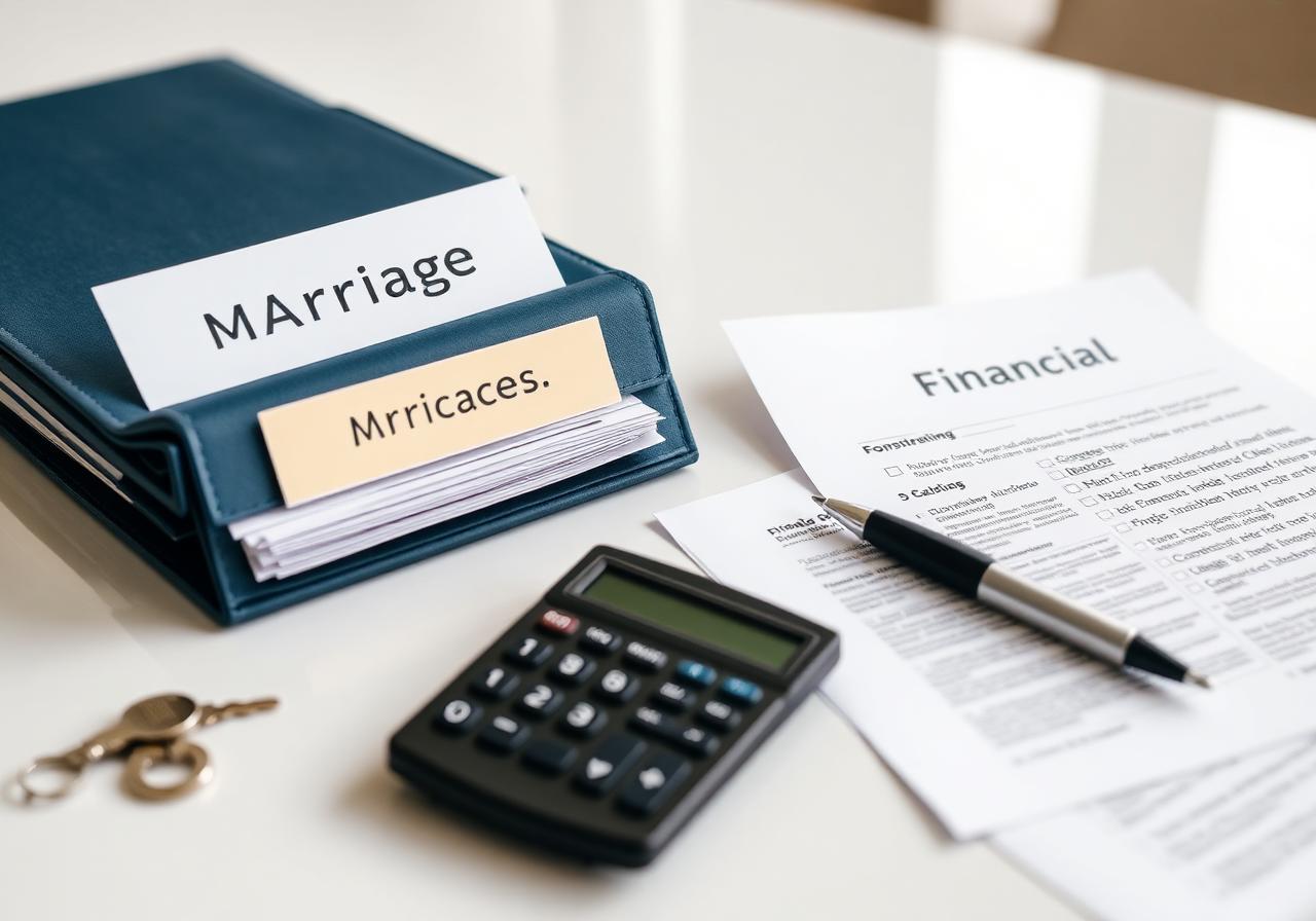 Organized divorce planning documents, calculator, and house keys on a conference table
