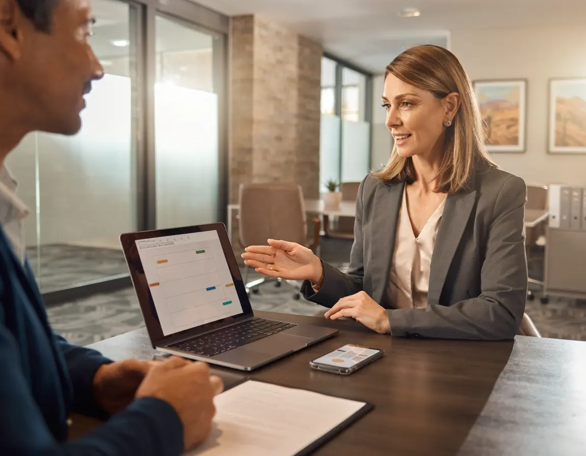 Family law attorney explaining digital evidence to a client during a consultation