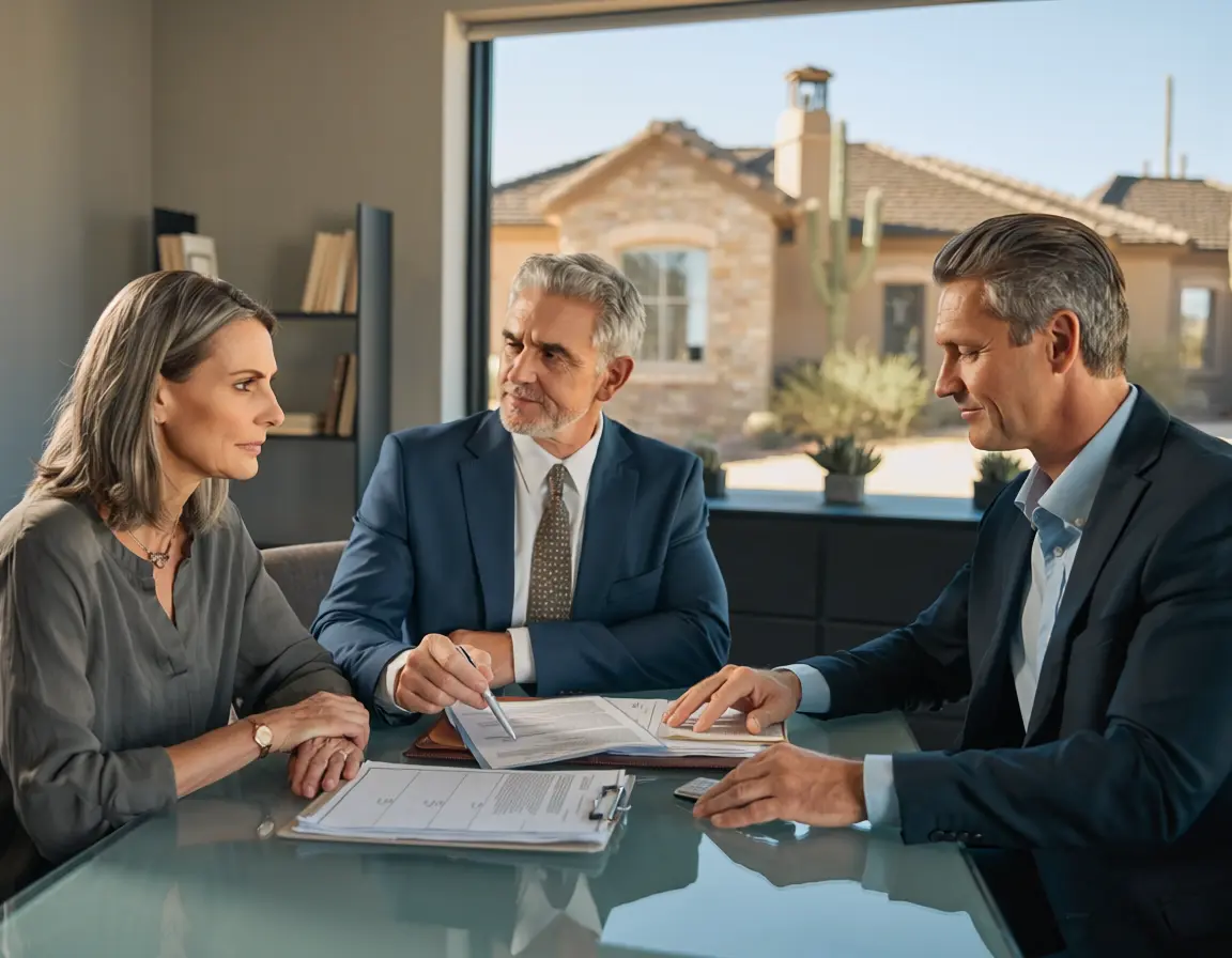 Divorced couple reviewing home ownership documents with an Arizona family law attorney