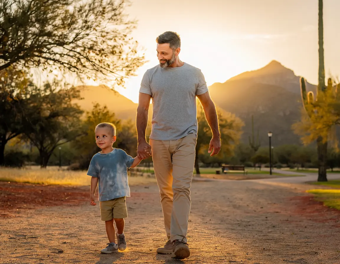 Father and young child walking together at sunset in an Arizona park