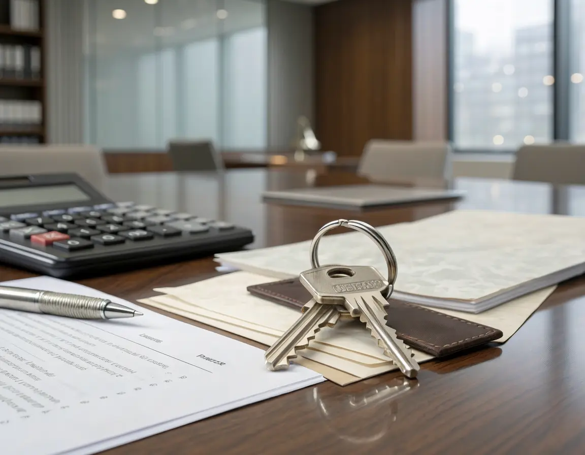 House keys, property documents, and a calculator on an attorney's desk