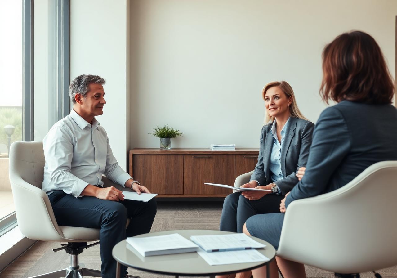 Separated couple negotiating a divorce settlement with attorneys in an Arizona office