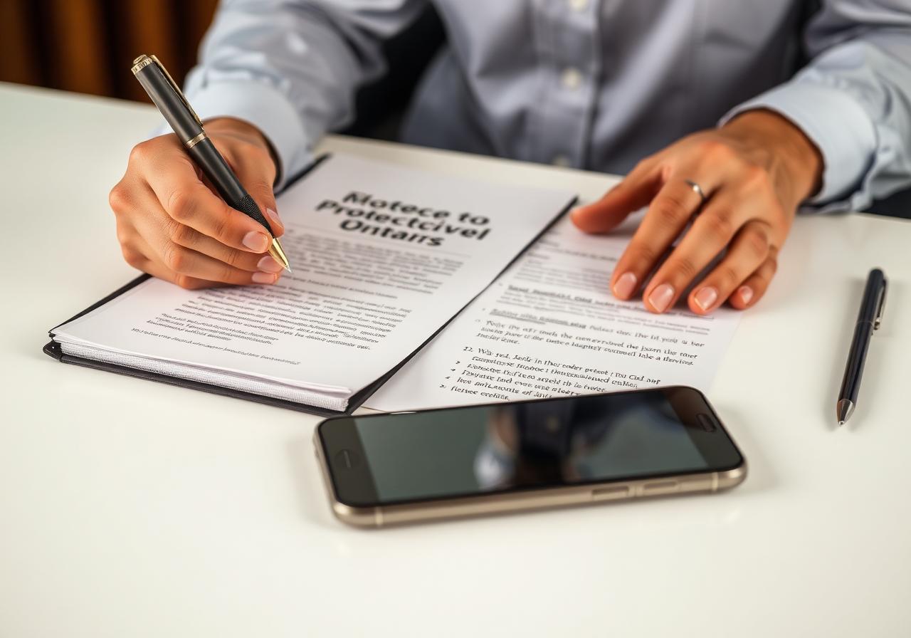 Hands reviewing protective order documents beside a notebook, pen, and smartphone