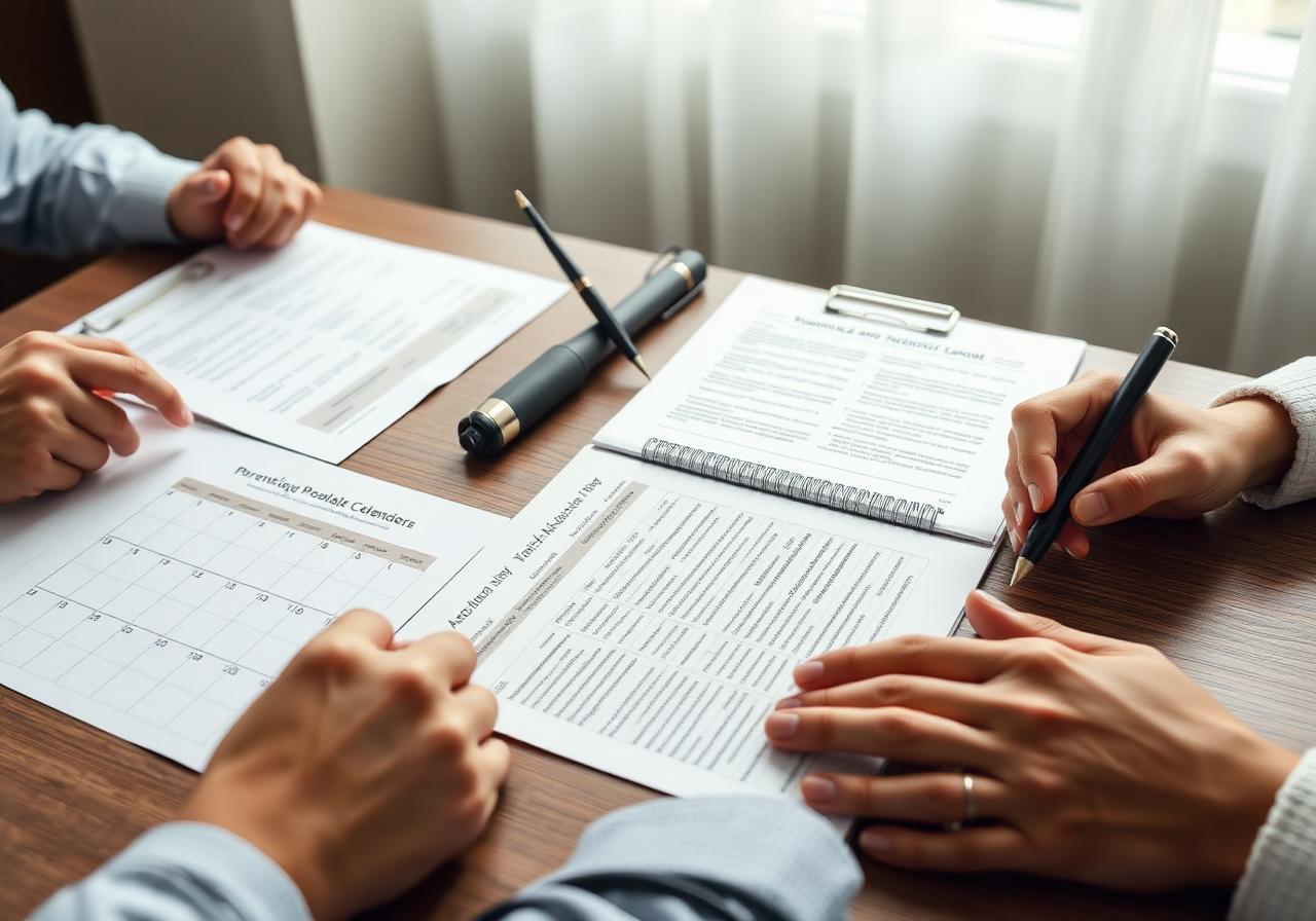 Parenting calendar and legal documents on a mediation table in an Arizona law office