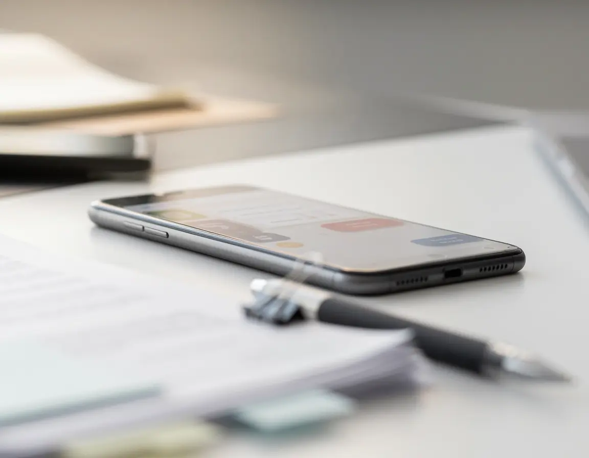 Smartphone displaying a social media feed beside legal documents and a pen