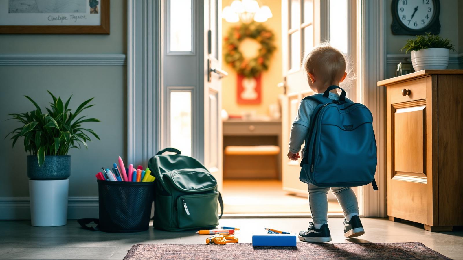Child's backpack and school supplies by the front door of an Arizona family home