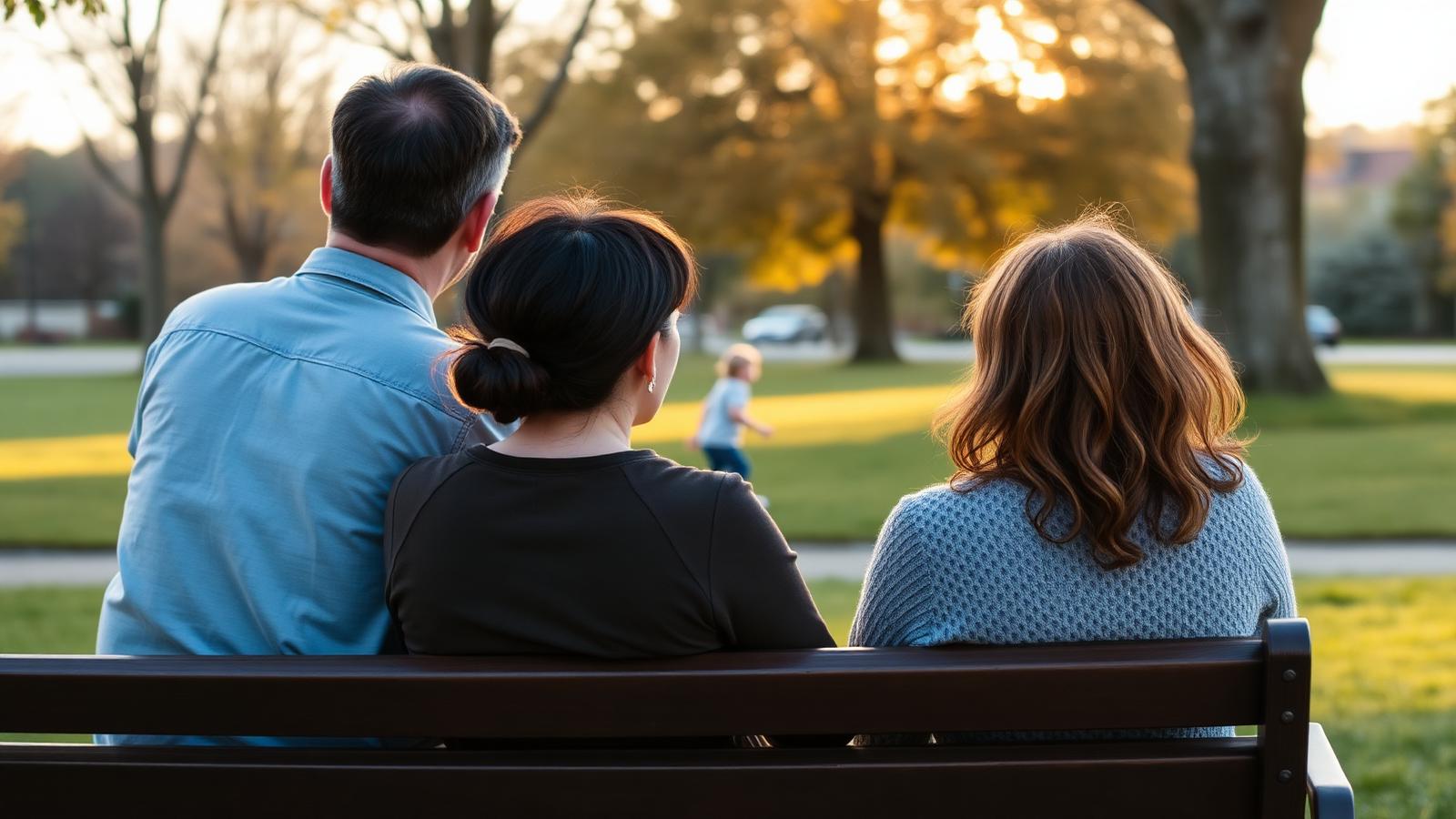 Co-parents sitting on a park bench watching their child play