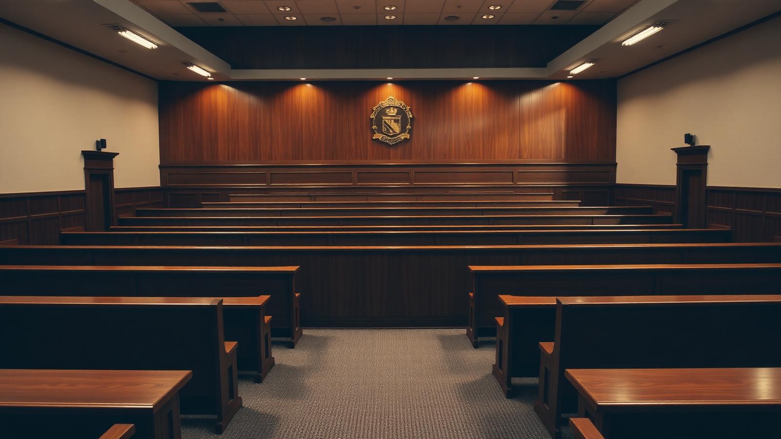 Empty Arizona courtroom with wooden benches
