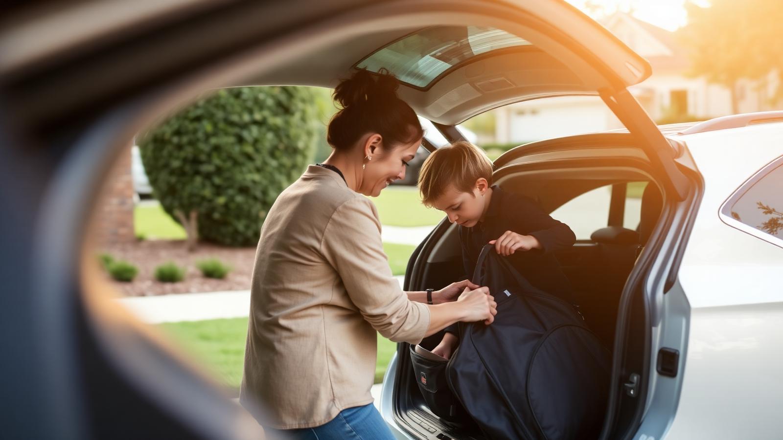 Parent packing a child's bag into a car for a scheduled parenting time exchange