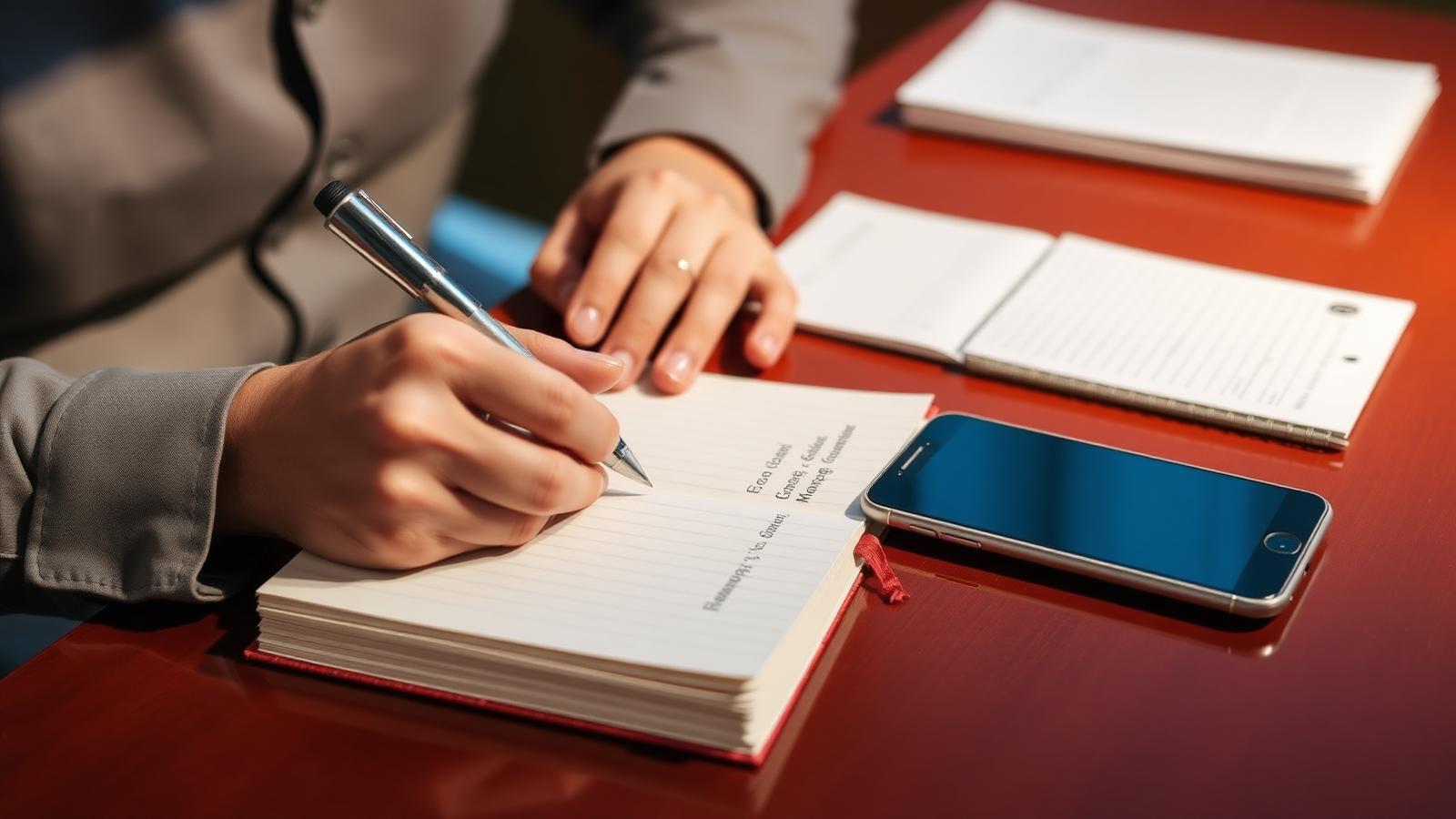 Parent writing dated notes in a notebook to document parenting plan violations