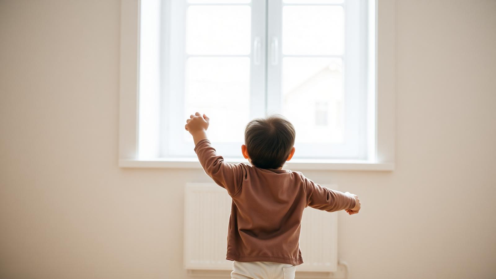 Child standing safely by a window in a quiet home